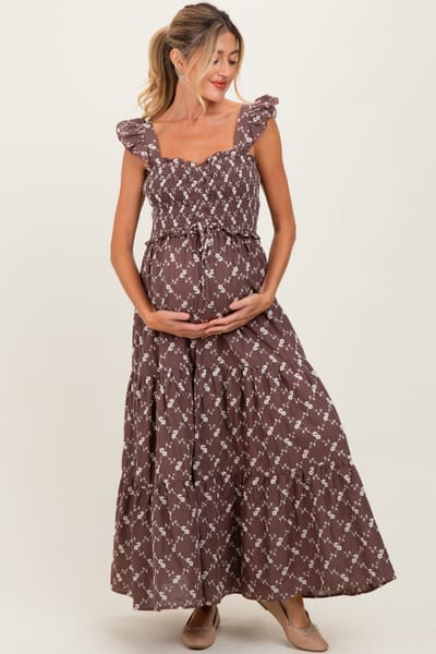Camellia Brown Off White Floral Embroidered Tiered Maternity Maxi Dress