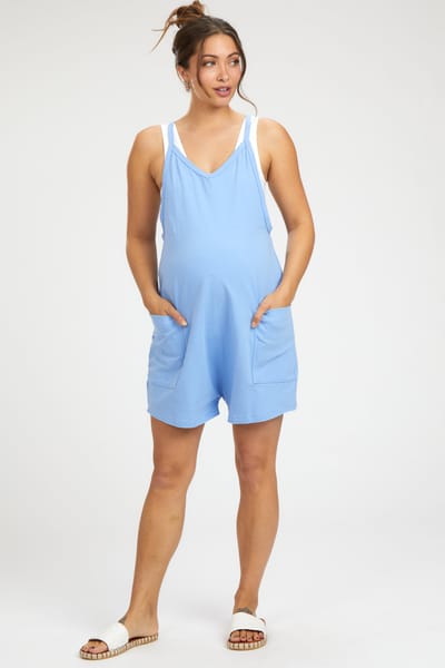 Bucket List Blue Basic V-Neck Maternity Romper