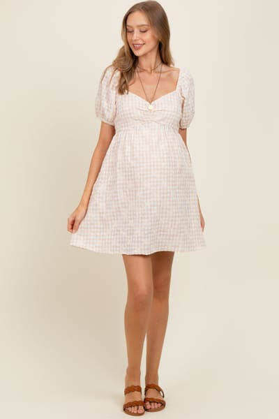 Hem & Thread Beige Embroidered Gingham Sweetheart Neck Maternity Mini Dress