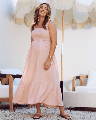 Angel Maternity Margot Maternity Shirred Dress in Blush Pink