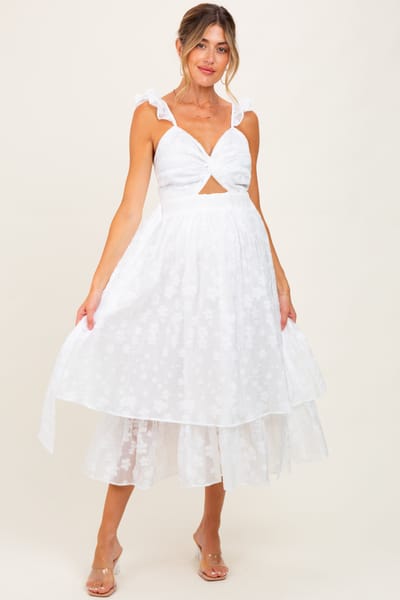 Camellia White Embroidered Twist Front Cutout Maternity Midi Dress