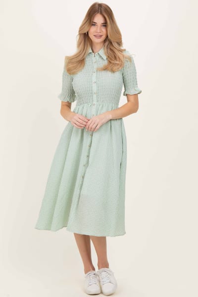 Polagram Sage Gingham Smocked Button Down Midi Dress