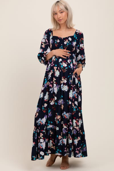 Elloh Navy Floral Sweetheart Puff Sleeve Maternity Maxi Dress
