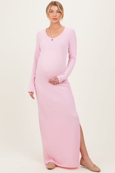 PinkBlush Light Pink Ribbed Long Sleeve Side Slit Maternity Maxi Dress