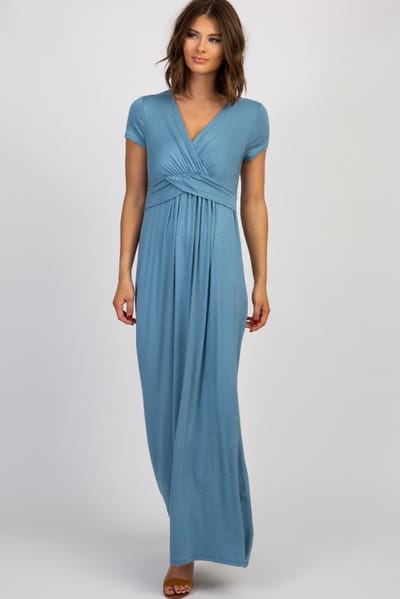 Rhea + Thea PinkBlush Blue Draped Nursing Maxi Dress