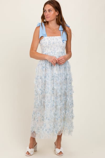In February Light Blue Floral Smocked Shoulder Tie Ruffled Midi Dress