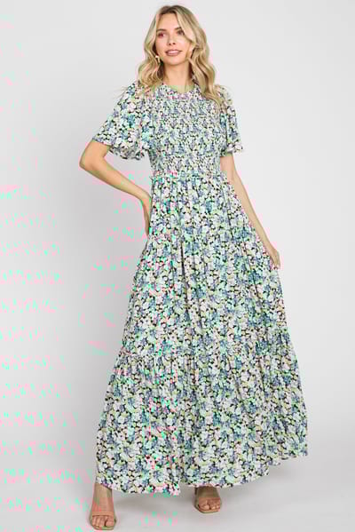In Loom Green Floral Smocked Tiered Maxi Dress