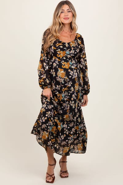 PinkBlush Black Floral V-Neck Long Sleeve Maternity Midi Dress