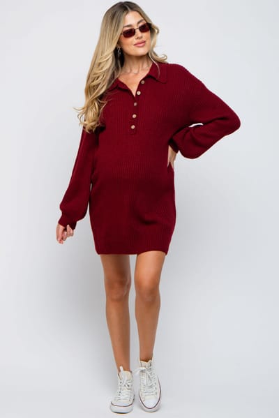 PinkBlush Burgundy Collared Button Front Maternity Sweater Dress