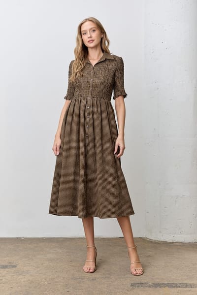 Polagram Brown Gingham Smocked Button Down Midi Dress