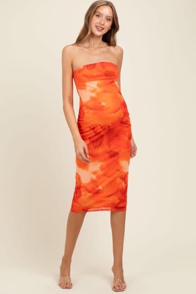 PinkBlush Orange Mesh Abstract Print Strapless Maternity Midi Dress