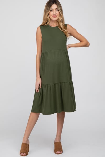 PinkBlush Olive Ribbed Tiered Maternity Midi Dress