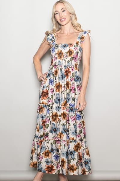 Elloh Multicolor Floral Smocked Tiered Maxi Dress