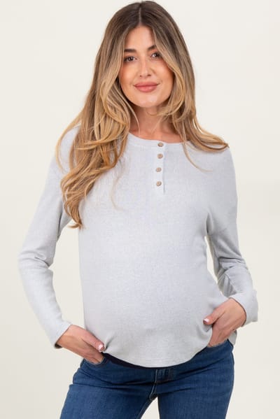 PinkBlush Light Grey Brushed Knit Henley Maternity Top
