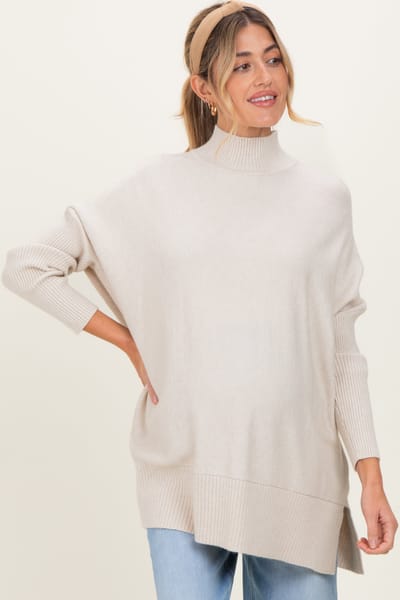 Hem & Thread Cream Mock Neck Oversized Sir Slit Maternity Sweater Top