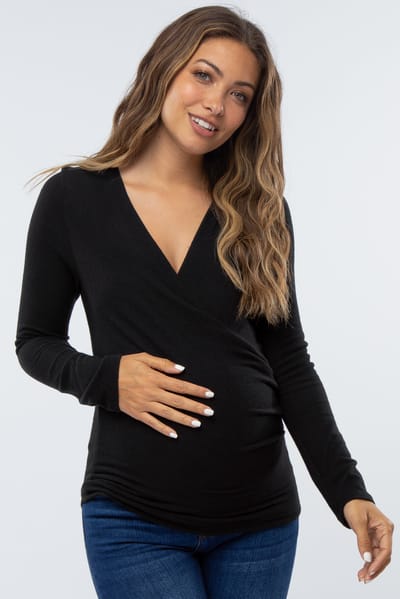 PinkBlush Black Brushed Knit Wrap Front Maternity Top