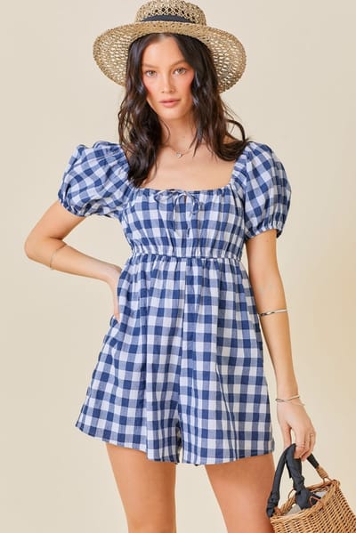 day + moon Navy Blue Gingham Cutout Romper