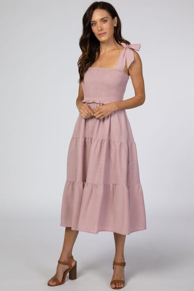 Listicle Mauve Bow Strap Tiered Midi Dress
