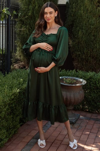 PinkBlush Green Satin Smocked Cinched Bust Maternity Midi Dress