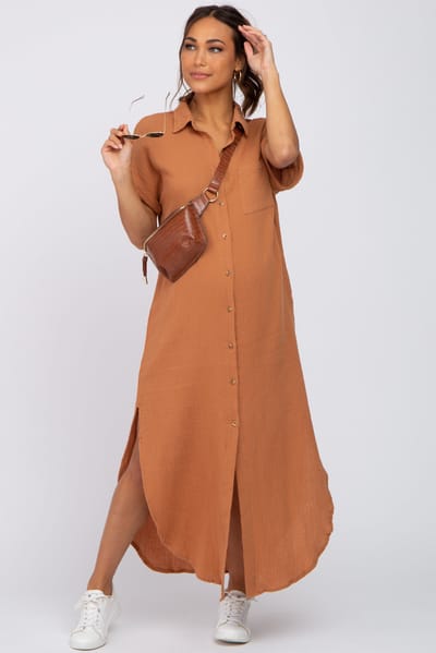 PinkBlush Camel Button Down Maternity Midi Dress