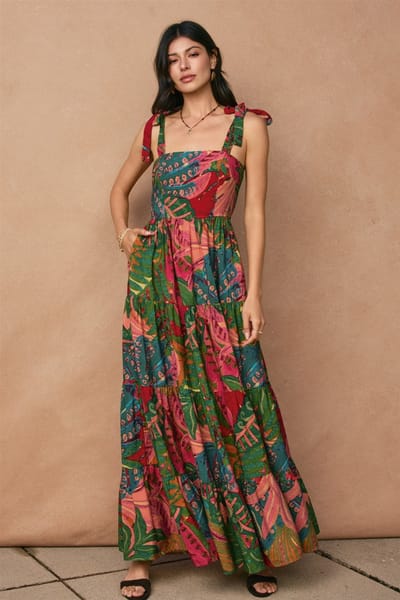 Dress Forum Green Printed Shoulder Tie Tiered Maxi Dress
