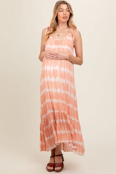 PinkBlush Peach Tie Dye Tie Strap Maternity Midi Dress