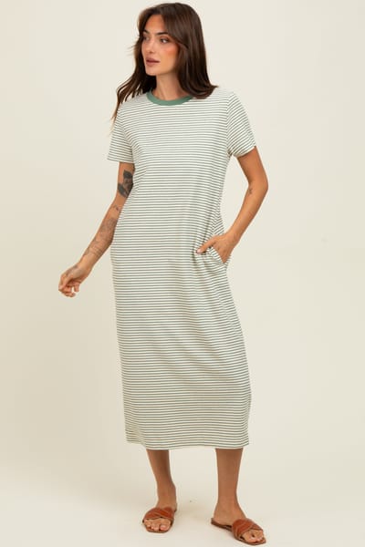 Wishlist Olive Striped Short Sleeve Midi T-Shirt Dress
