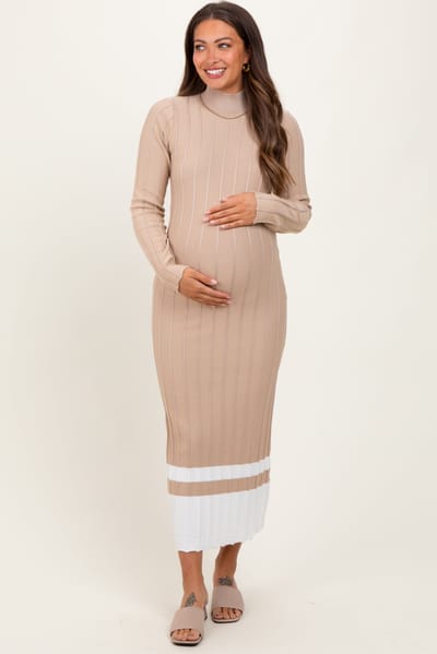 PinkBlush Beige Colorblock Hem Mock Neck Maternity Sweater Dress