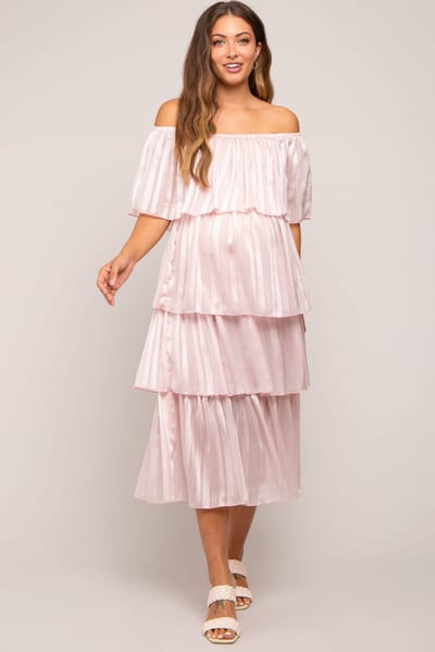 PinkBlush Light Pink Striped Layered Maternity Midi Dress