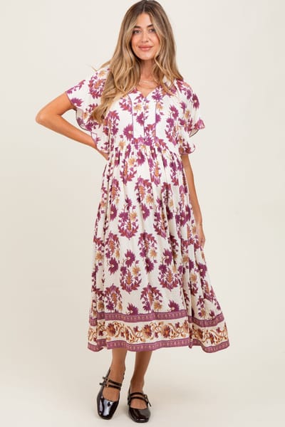 PinkBlush Plum Floral V-Neck Button Detail Maternity Mid Dress