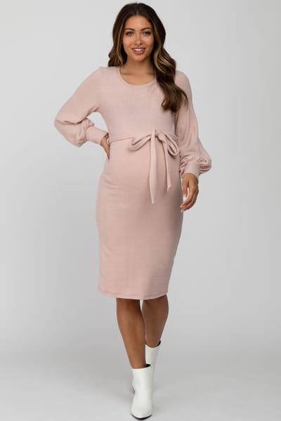 Hello Miz Pink Soft Brushed Waist Tie Bubble Sleeve Maternity Dress