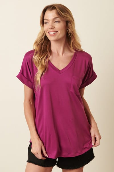 Mitto Magenta V-Neck Pocket Short Sleeve Shirt