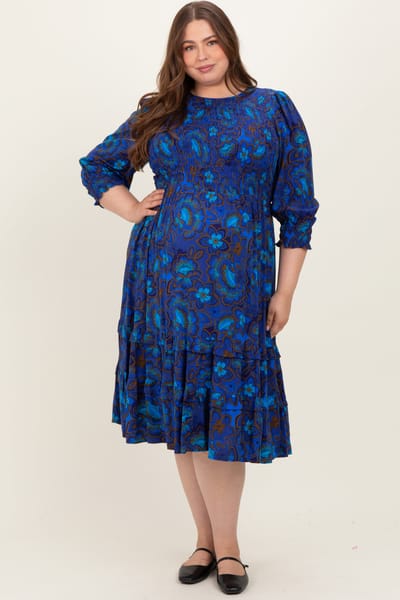 PinkBlush Navy Blue Floral Tiered Plus Maternity Midi Dress