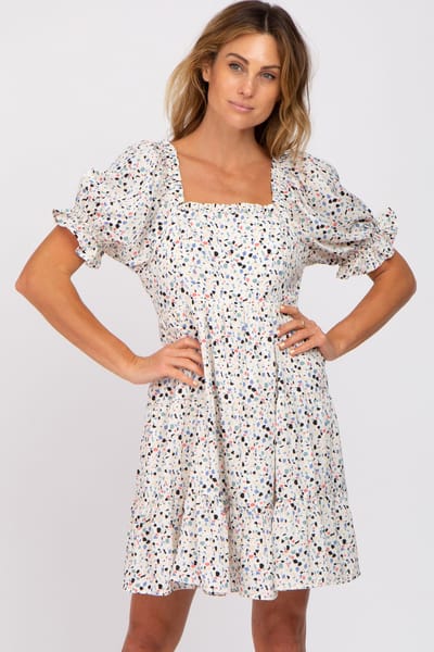 Jodifl Ivory Printed Puff Sleeve Tiered Dress