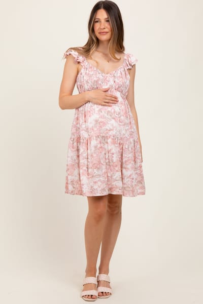 PinkBlush Pink Floral Ruffle Sleeve Tiered Maternity Mini Dress