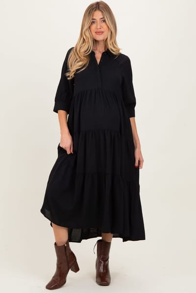 PinkBlush Black Collared Button Up Tiered Maternity Midi Dress
