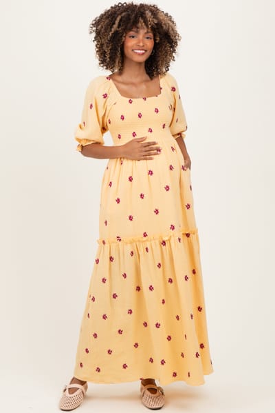 PinkBlush Yellow Floral Smocked Puff Sleeve Maternity Maxi Dress