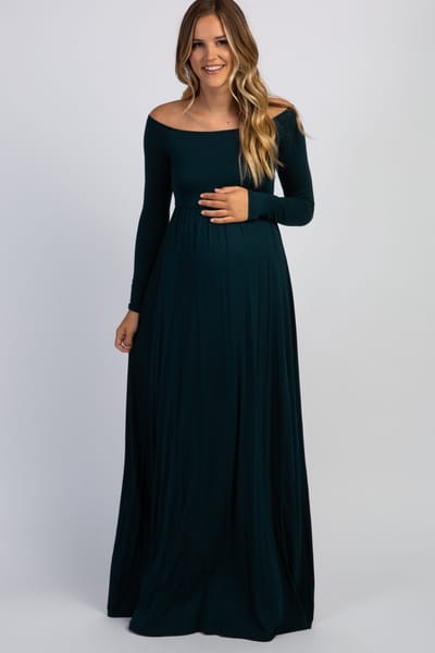 Rhea + Thea PinkBlush Forest Green Solid Off Shoulder Maternity Maxi Dress