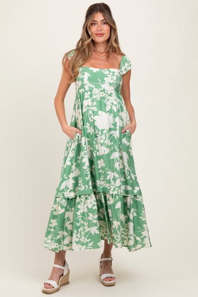 Tea N Rose Mint Green Floral Square Neck Maternity Midi Dress