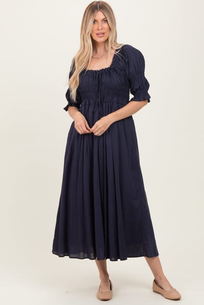 Camellia Navy Smocked Ruffle Square Neck Midi Dress