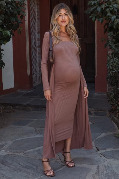 Rhea + Thea Mocha Ribbed Sleeveless Dress Cardigan Maternity Set