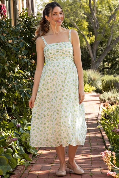 Papermoon Blue Floral Textured Dot Square Neck Maternity Midi Dress