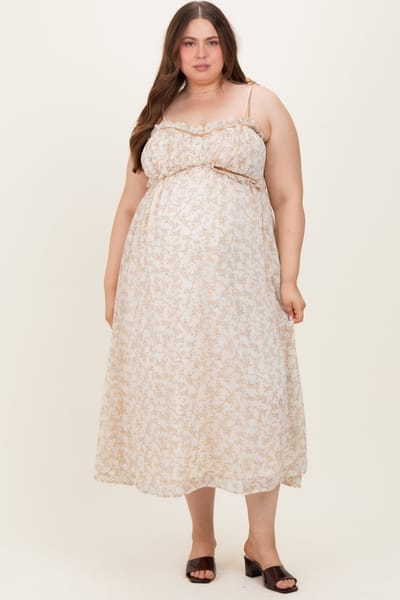 Davi & Dani Yellow Plus Garden Floral Printed Smocking Maternity Maxi Dress