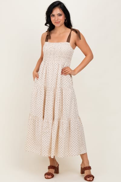 Wishlist Cream Polka Dot Tiered Shoulder Tie Midi Dress
