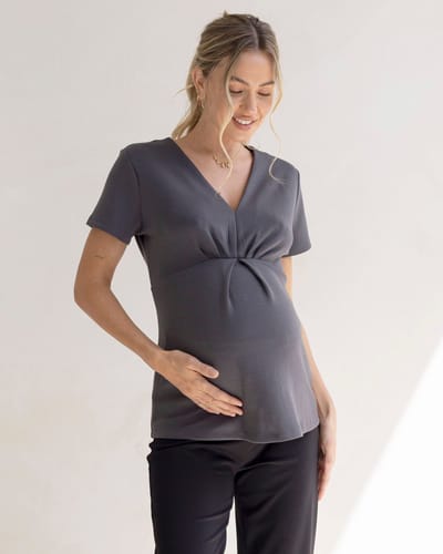 Angel Maternity Sabine Soft Ponte Maternity V-Neck Work Top in Slate Grey