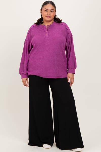 Zenana Outfitters Plum Oversized Ribbed Knit Henley Plus Sweater