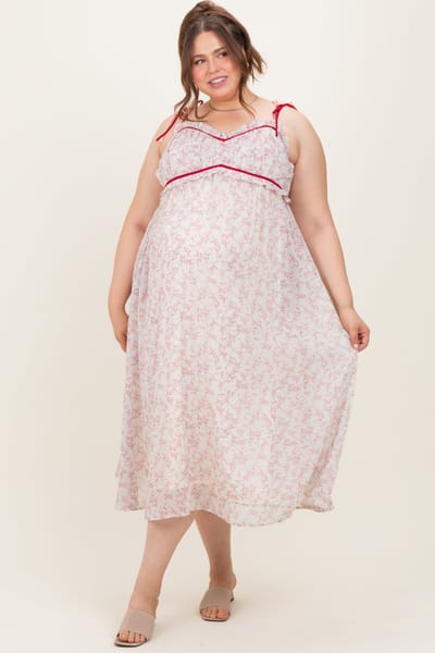Davi & Dani Pink Floral Ruffle Detail Shoulder Tie Maternity Plus Midi Dress