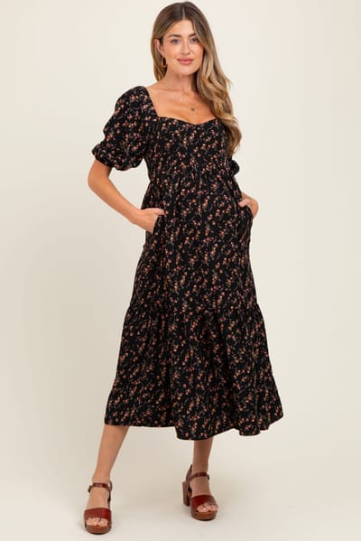 PinkBlush Black Floral Sweetheart Puff Sleeve Maternity Midi Dress