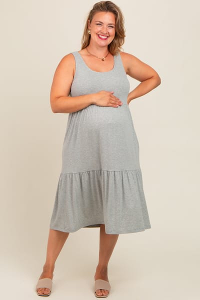 No Less Than Heather Grey Tiered Sleeveless Maternity Plus Midi Dress