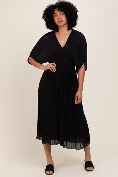Dress Day Black Pleated V Neck Maxi Dress